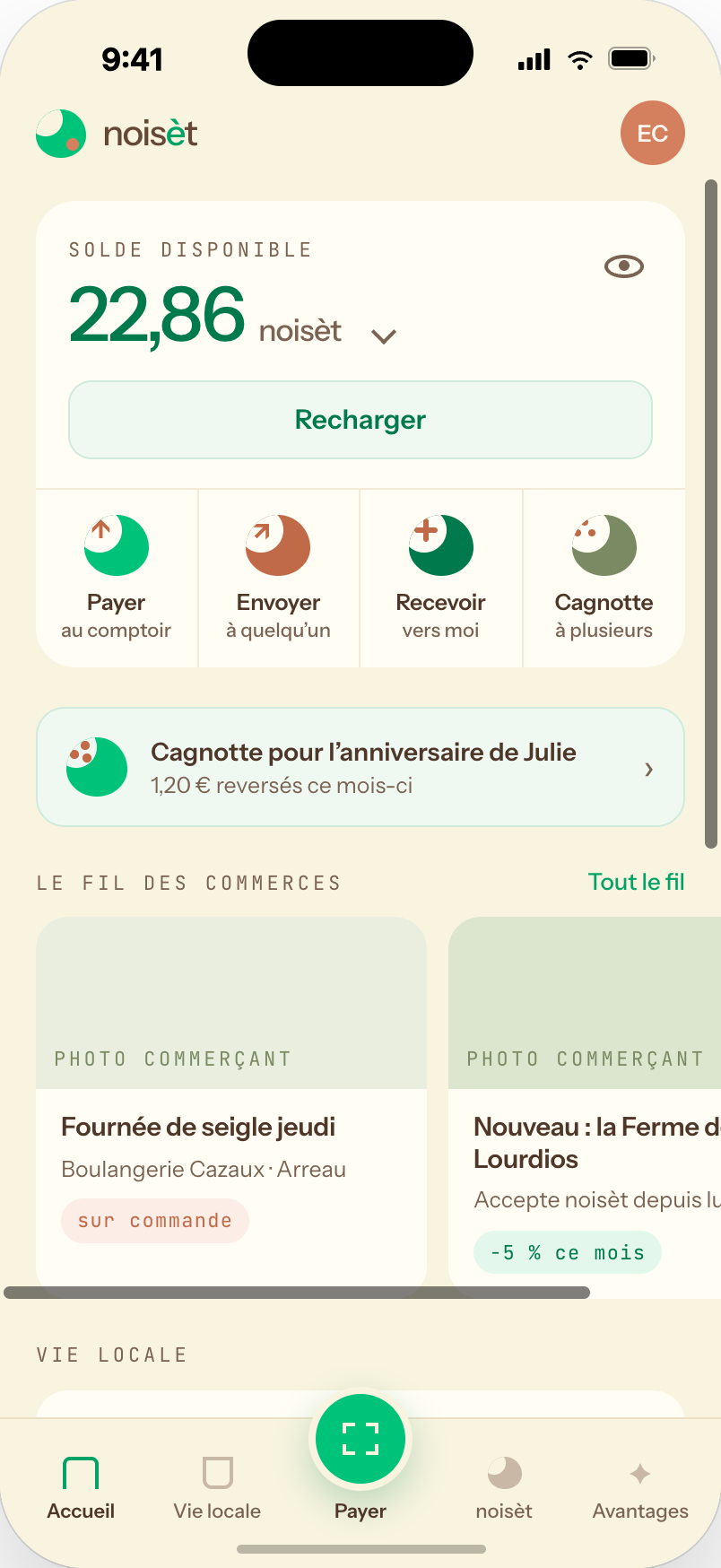 L’écran d’accueil de l’application noisèt