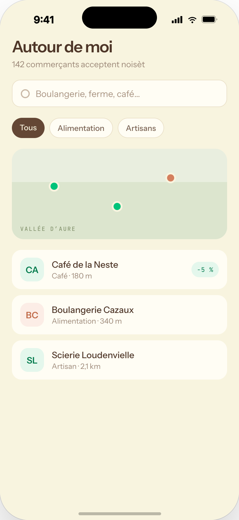 Les commerçants qui acceptent noisèt autour de vous, dans l’application